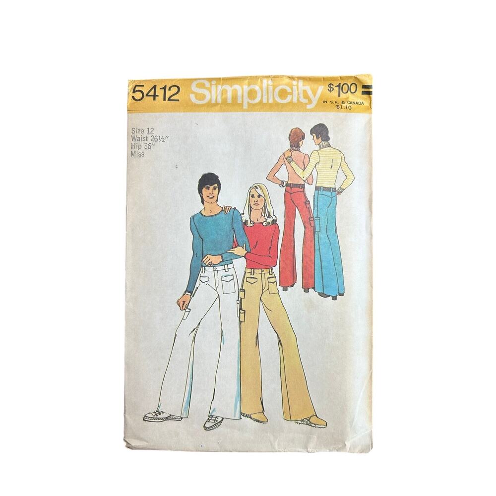 Vtg 70s Sewing Pattern-Simplicity Mens Misses Hip Hugger Long Pants- Sz 12 uncut